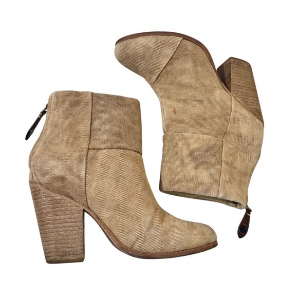Rag & Bone Newbury Beige Canvas Ankle Boots Women’s 7.5 Chunky Heel Zip Booties - Picture 2 of 8